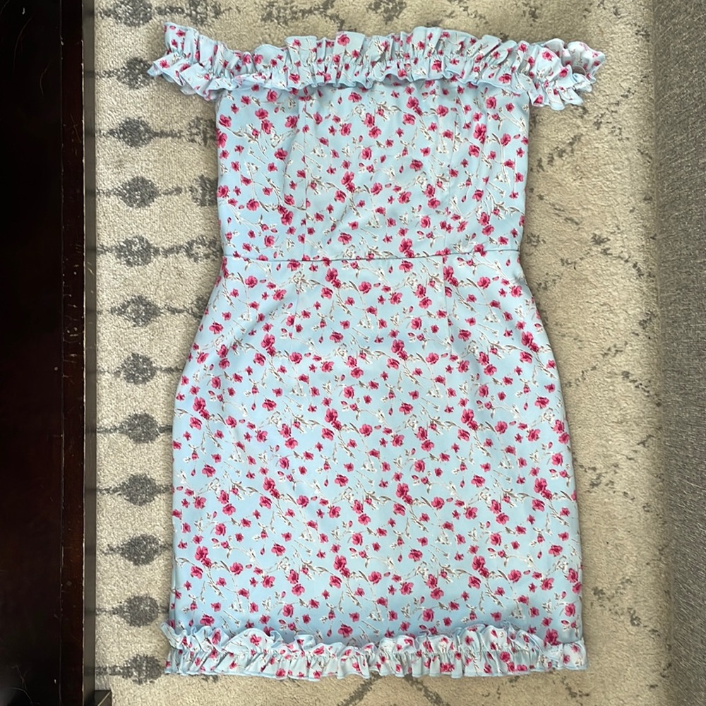 Adorable off the shoulder blue dress with pink flowers